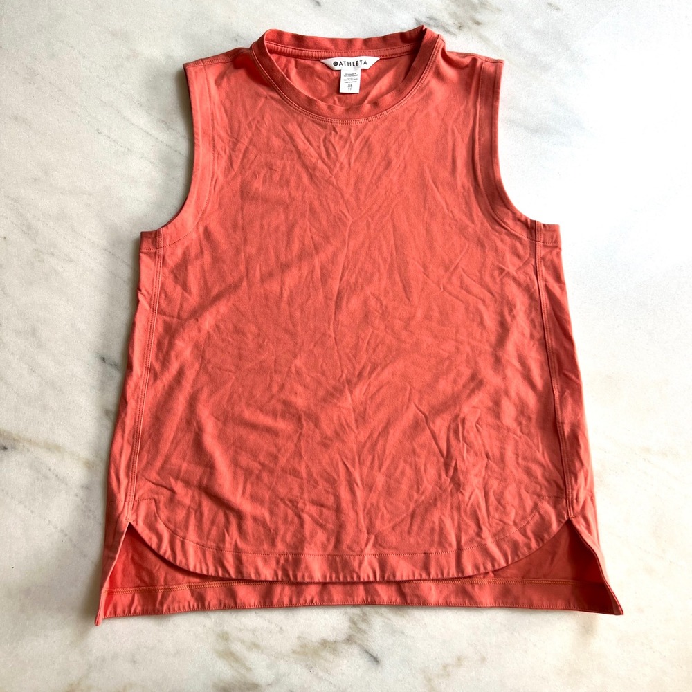 Athleta Coral Orange Sleeveless Tank Top XS Curved Hem Splitβ Sides Athleisure